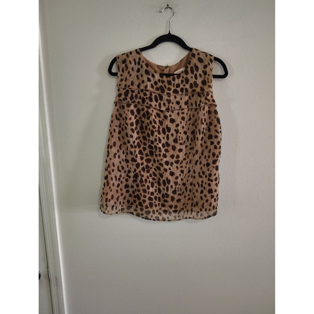 Merona Womens XL Leopard‎ Print Sleeveless Ruffle Blouse Tan Black Full Zip Back